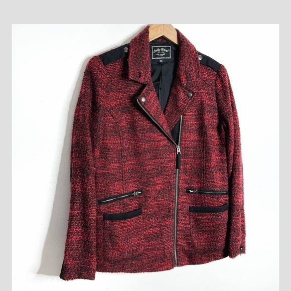 Lucky Brand Blazer Jacket Red Black Boucle Fabric Longer Length Silver Hardware - Picture 2 of 12